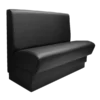A black leather bench seat with one arm.